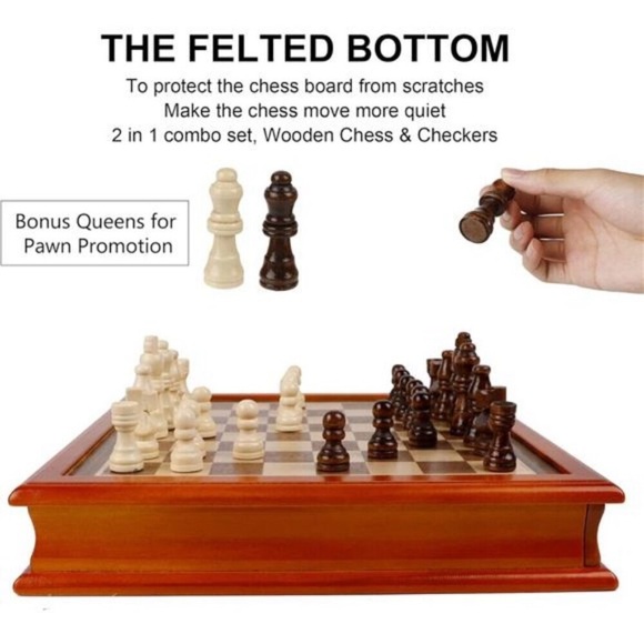 Wooden Chess & Checkers Set with Storage Drawer, Portable Board Games - Picture 3 of 11